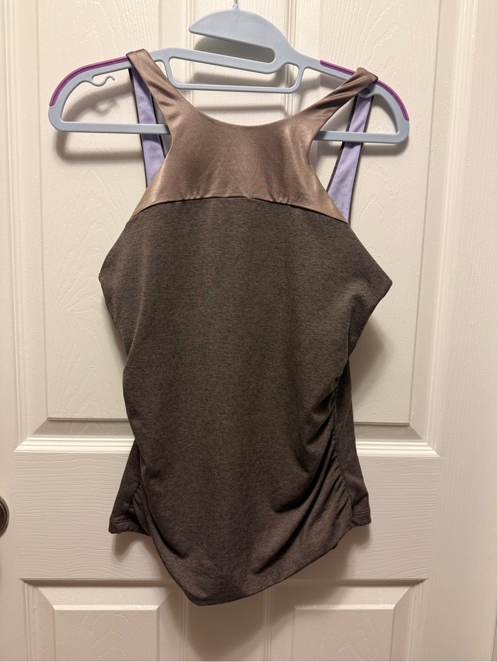 Prana Brown Tank Top with Metallic Bronze Yoke and Lavender Straps